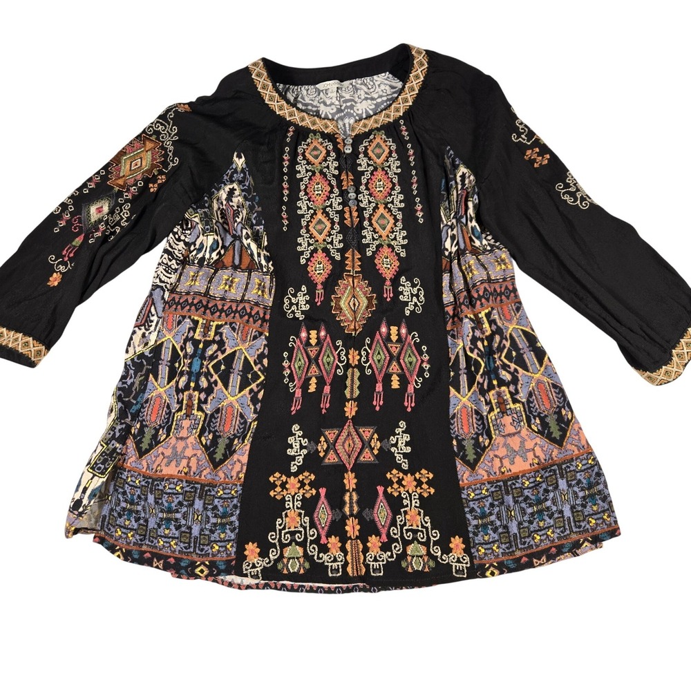 John Mark Womens L Colorful Boho Embroidered Floral Tunic Top Ragland Sleeves
